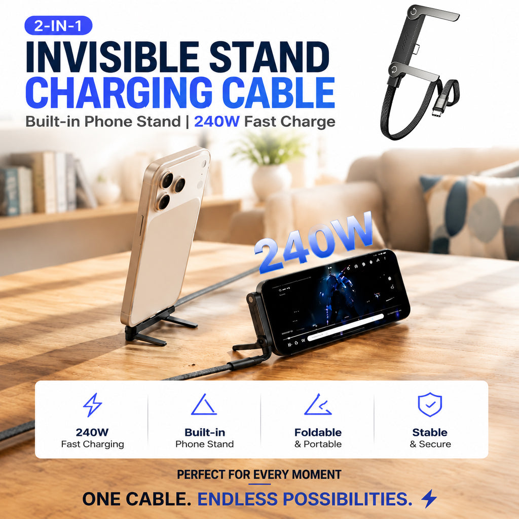 ⚡Official Authorized | 2-in-1 Invisible Holder Charger Cable - 240W Fast Charging Cord with Built-In Phone Stand