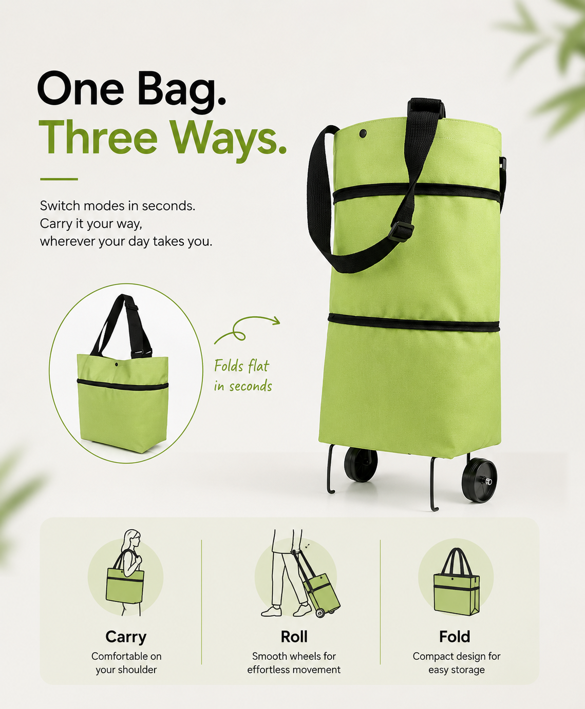 🛍️✨ Convertible shopping tote – hides wheels, holds 20kg, expands with zipper!