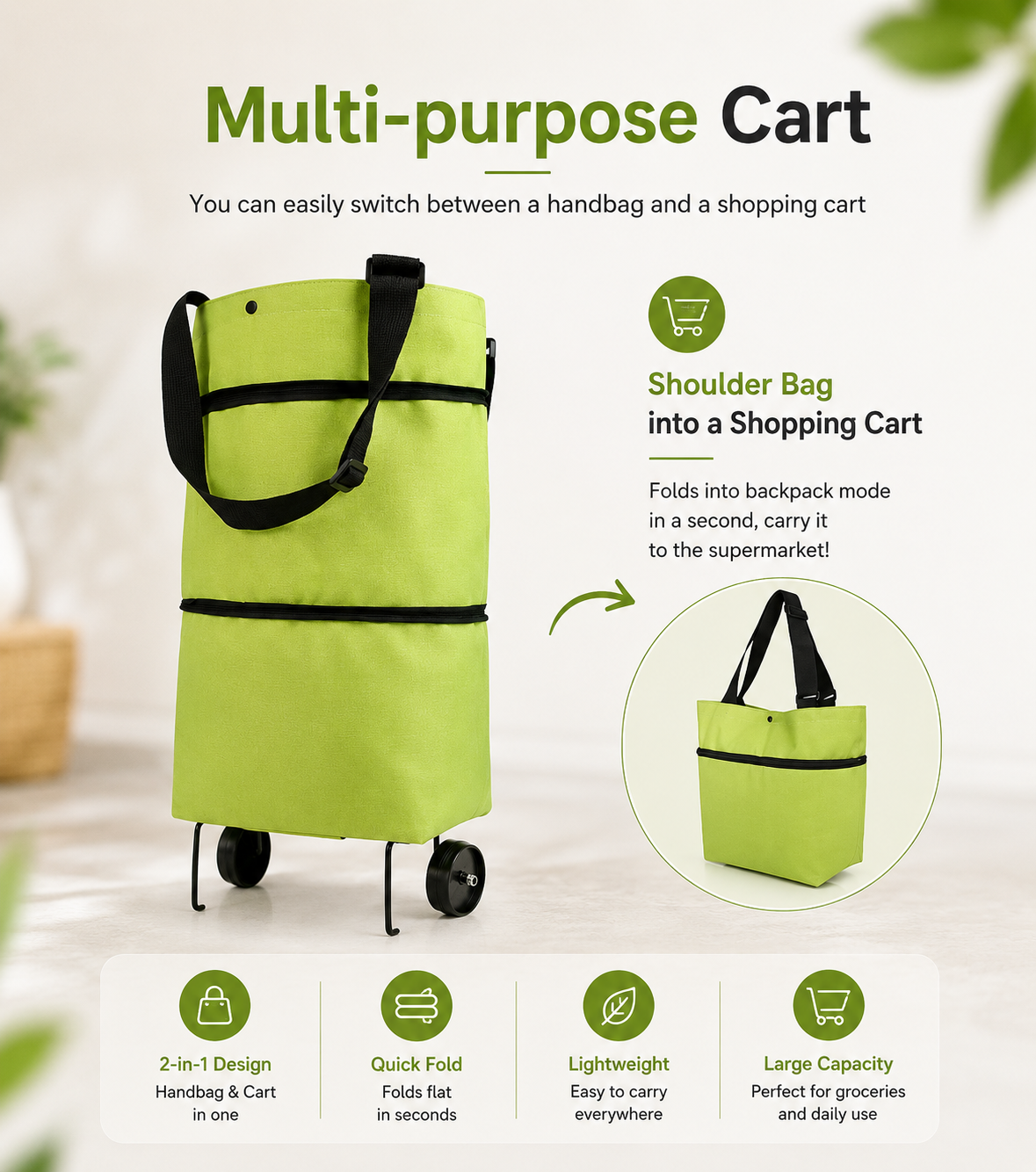 🛍️✨ Convertible shopping tote – hides wheels, holds 20kg, expands with zipper!